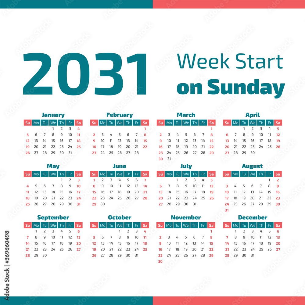 2031 Calendar with the weeks start on Sunday 2031 Calendar with the weeks start on Sunday