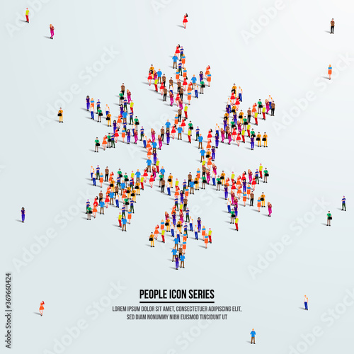 Snow flake icon or concept. large group of people form to create snow flake shape. Merry Christmas concept. vector illustration.