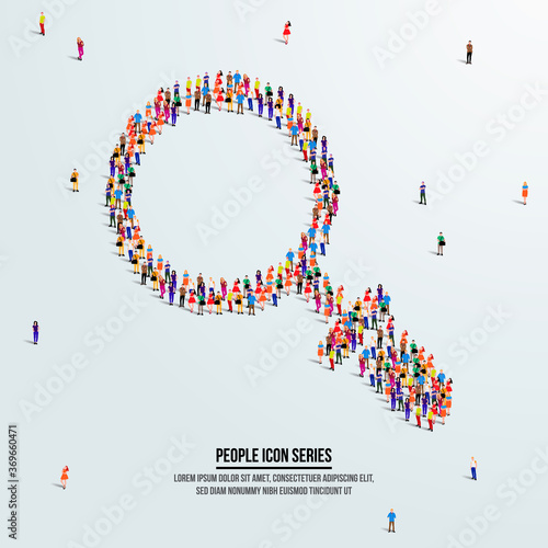 magnifier glass icon. Search concept. large group of people form to create a shape magnifier glass. vector illustration.
