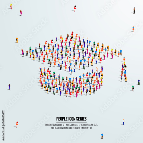 Graduation cap icon or concept. large group of people form to create a shape graduation hat. vector illustration.