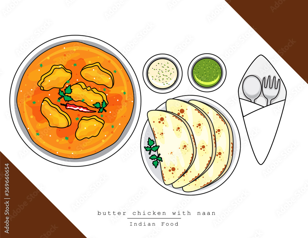 Illustration vector isolated Indian food dish on table top view with fork  and spoon, butter chicken or coconut curry served with naan flatbread or  roti or chapati at restaurant or homemade Stock