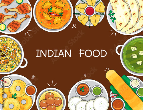 Illustration vector isolated Indian food dishes on table top view cartoon doodle style. Dinner,Lunch,Breakfast set served at restaurant or homemade. Masala dosa, vada,biryani,curry,butter chicken,naan