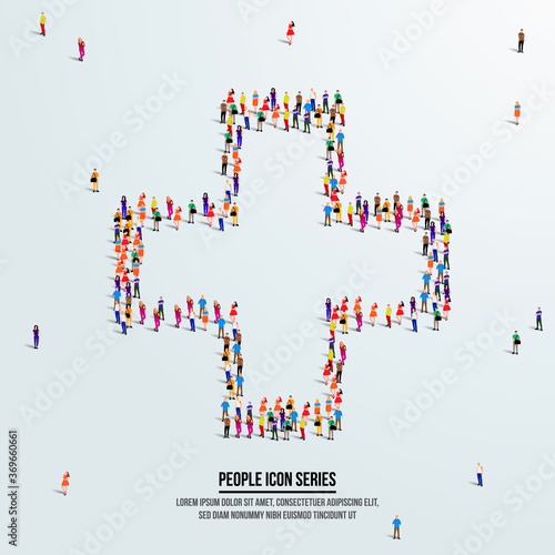Hospital icon or medical concept. large group of people form to create shape hospital cross. vector illustration.
