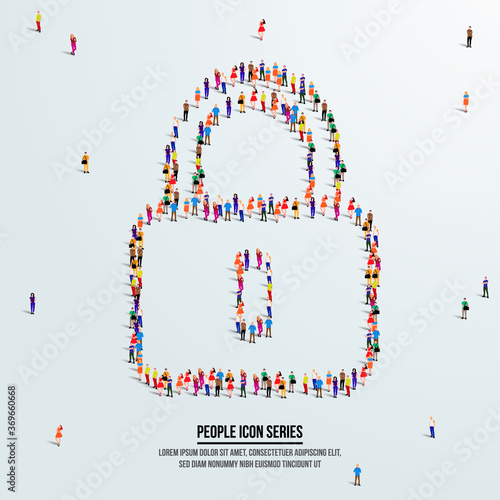 Lock icon. safe, safety, security or secret concept. large group of people form to create shape lock. vector illustration.