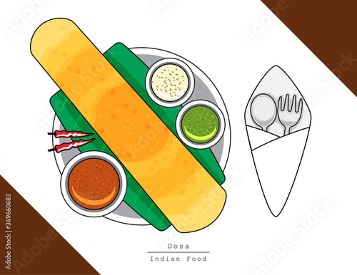 Illustration vector isolated Indian food dish on table top view with fork and spoon, Dosa masala on leaf served at restaurant or homemade