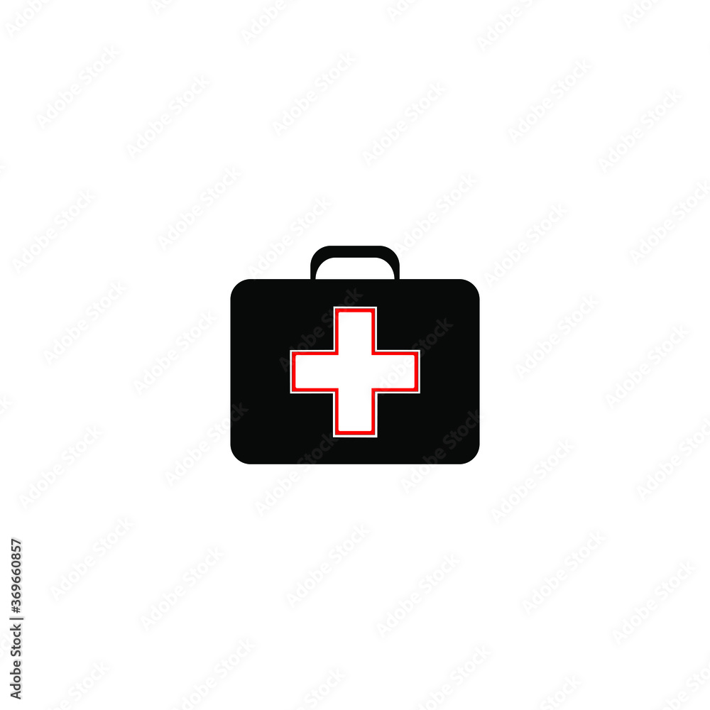 Fototapeta premium Briefcase icon with a red cross for medicine, help and health. Bag sign. Baggage symbol. Black and white vector graphics.