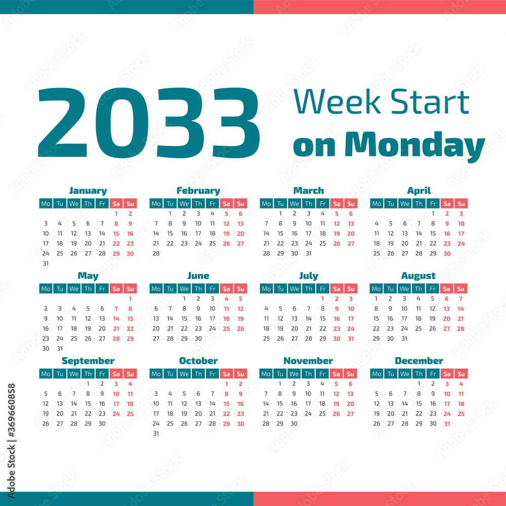 2033 Calendar with the weeks start on Monday