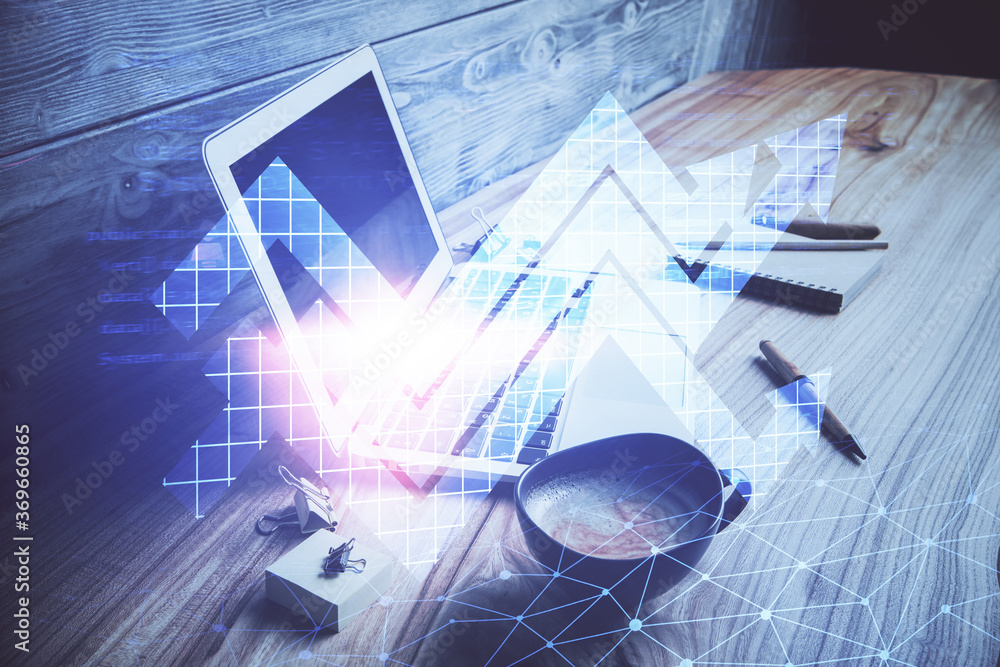 Computer on desktop with point up arrows hologram. Double exposure. Concept of success.