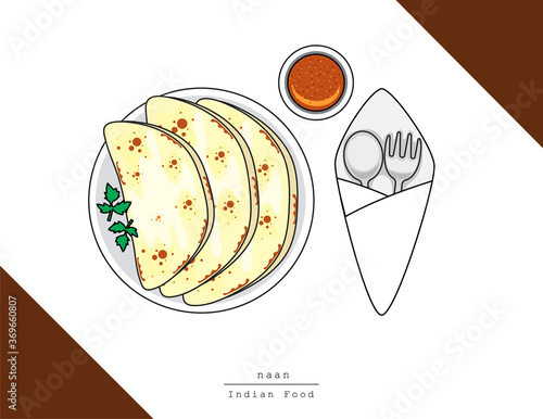Illustration vector isolated Indian food dish on table top view with fork and spoon, Naan flatbread or roti or chapati at restaurant or homemade