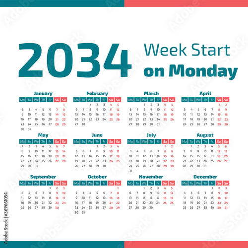 2034 Calendar with the weeks start on Monday