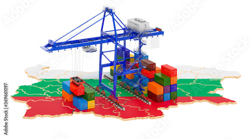 Freight Shipping in Bulgaria concept. Harbor cranes with cargo containers on the Bulgarian map. 3D rendering