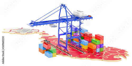 Freight Shipping in Malta concept. Harbor cranes with cargo containers on the Maltese map. 3D rendering