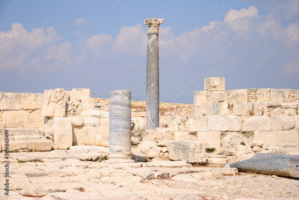 Well preserved carved column at the Neolithic period Kourion Ancient city on the southwestern coast of Cyprus