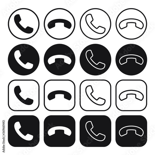 Phone icon set. Call application symbol collection. Black round and square button. Flat interface sign. Simple shape old telephone logo. Isolated on white background. Vector illustration image.