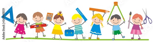 Group of school children, school equipments, funny vector illustration