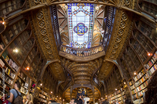 Low angle shot of the ceiling of  the famous bookshop Lello e Irmao photo