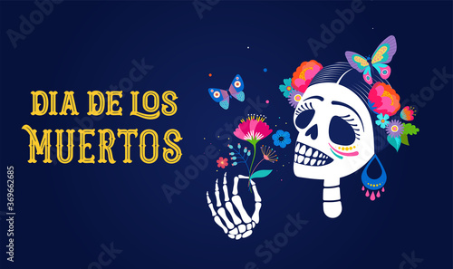 Dia de los muertos, Day of the dead, Mexican holiday, festival. Woman skull with make up of Catarina with flowers crown. Poster, banner and card with sugar skull