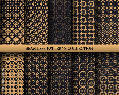 Seamless golden backgrounds. Geometric decorative digital papers. Vector design. Luxury vintage illustration