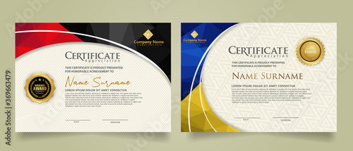 Set modern certificate template with triangle geometric polygon on circular lines ornate background