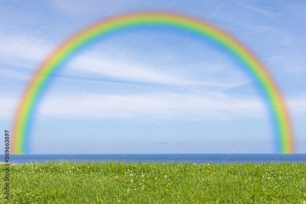 Naklejka premium 青空と虹の風景 背景素材