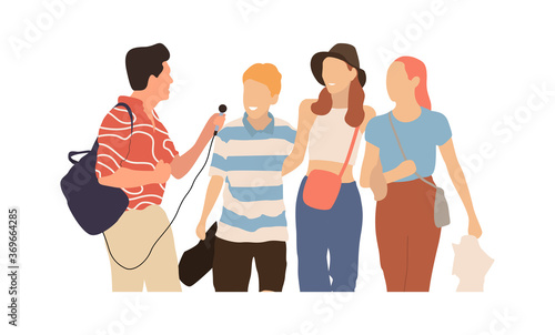 Journalists of news channels and radio stations are take interviewed. Characters interviewer and people. Vector illustration in flat cartoon style.