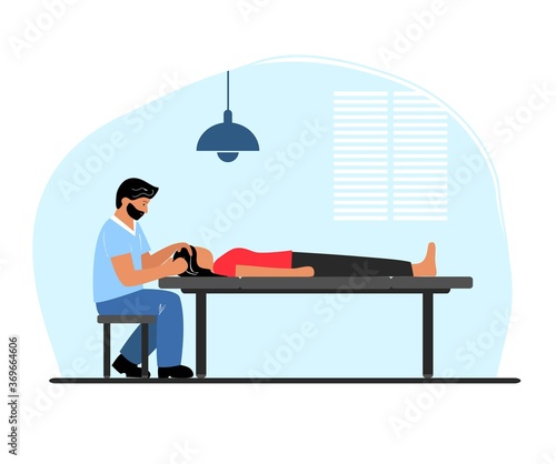 Vector flat illustration of osteopathy. An osteopath treats a patient. Munual therapist. Treatment of the back, head, and body. 
Headache treatment