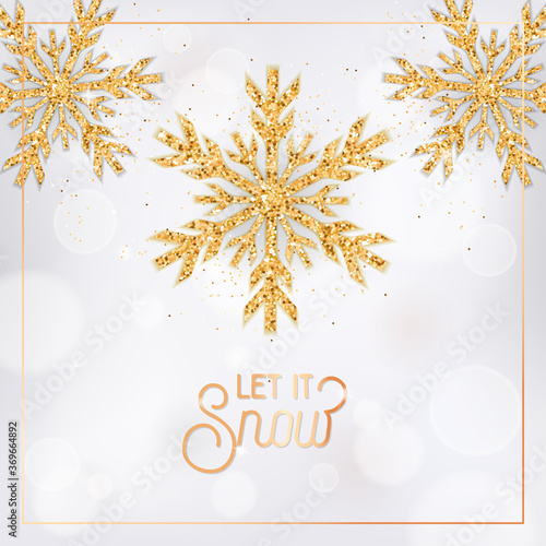 Xmas or New Year Postcard, Invitation Flyer or Promo Brochure Design. Elegant Merry Christmas Card with Gold Snow Flakes