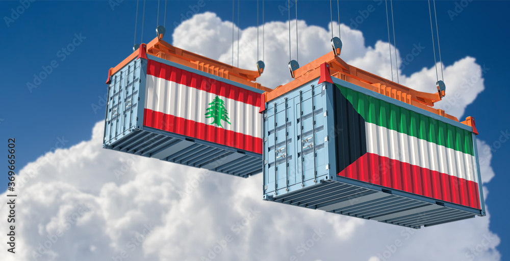 Freight containers with Kuwait and Lebanon flag. 3D Rendering 