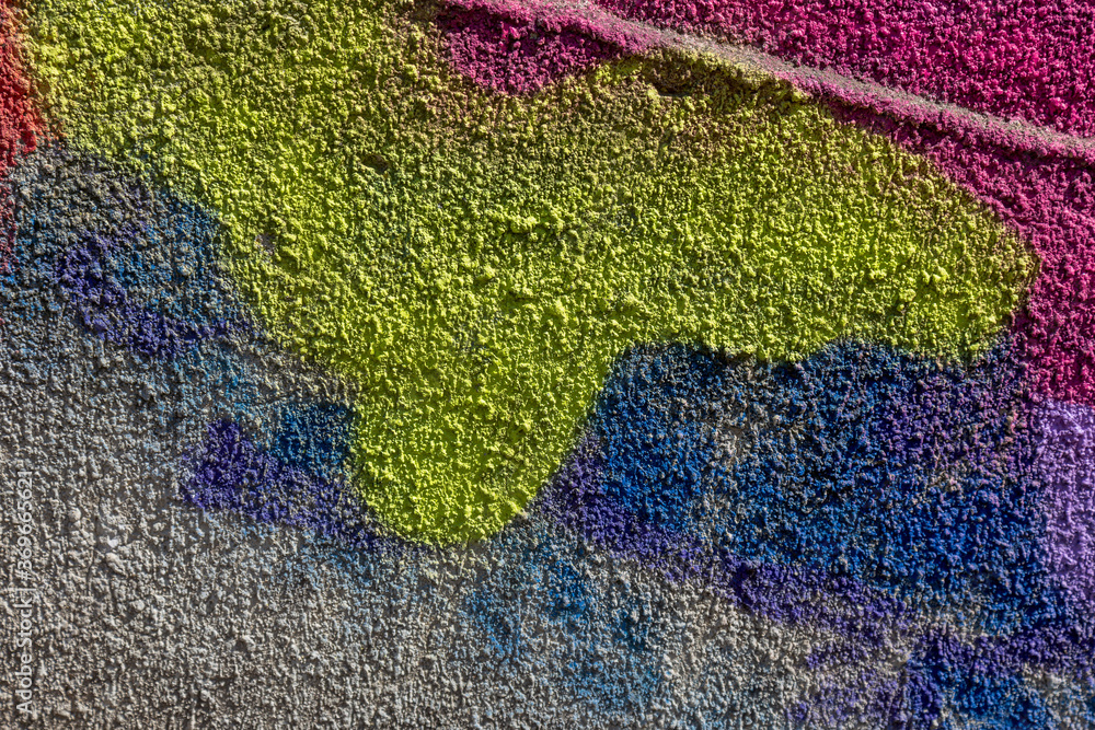 Abstract background of brush strokes on city wall for creative backdrop. Beautiful street art graffiti. Vandal, hooligans have stained the wall. Abstract creative drawing of trendy colors on city wall