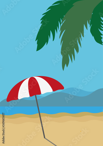 Beach View with Umbrella and Palm Tree © Yigit