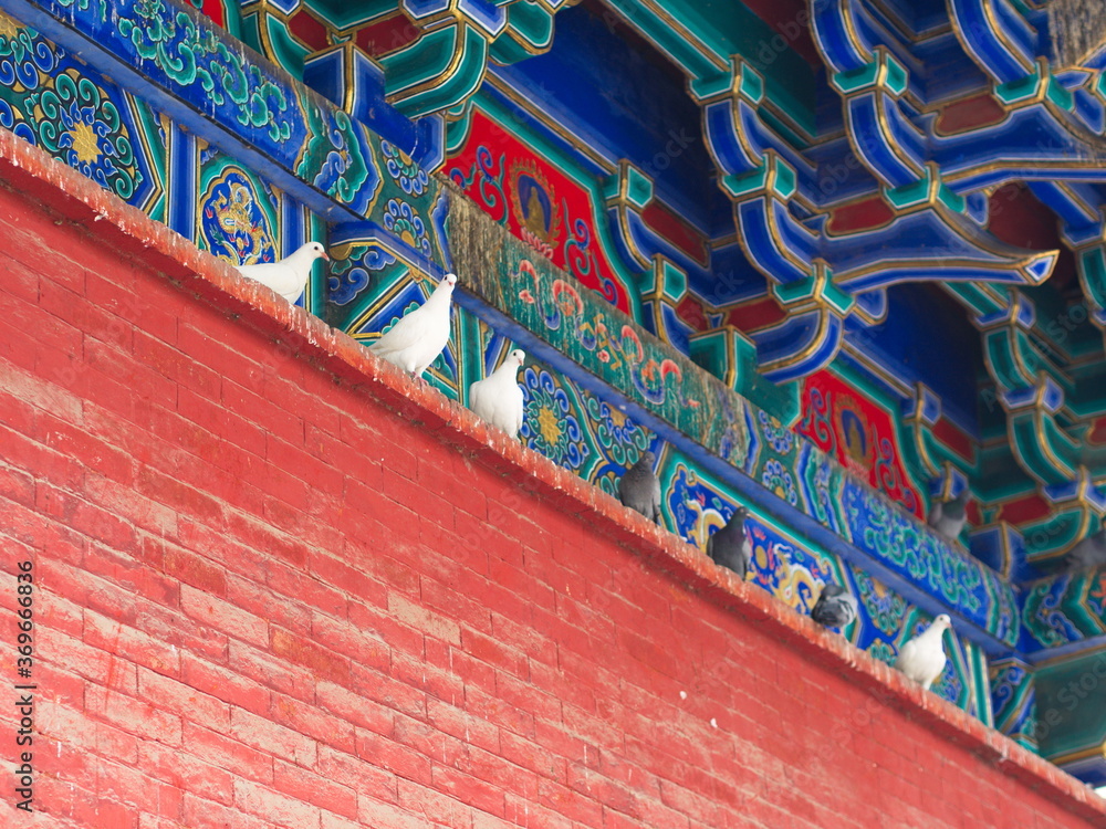 Obraz premium The Roof of The Building in Shaolin Temple with Detail Architecture. The Shaolin Monastery is also known as the Shaolin Temple. Dengfeng City, Zhengzhou City, Henan Province, China, 18th October 2018.