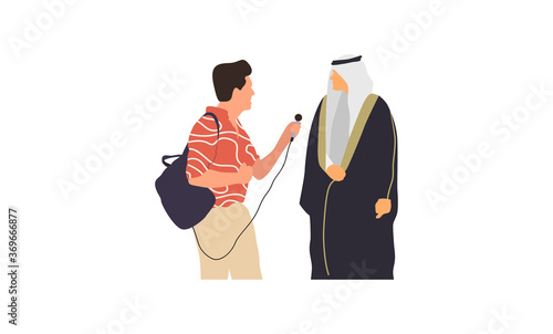 Journalists of news channels and radio stations are take interviewed. Characters interviewer and people. Vector illustration in flat cartoon style.
