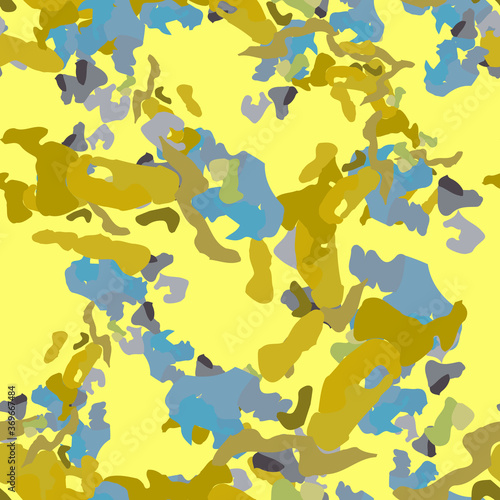 Desert camouflage of various shades of yellow, blue nad grey colors