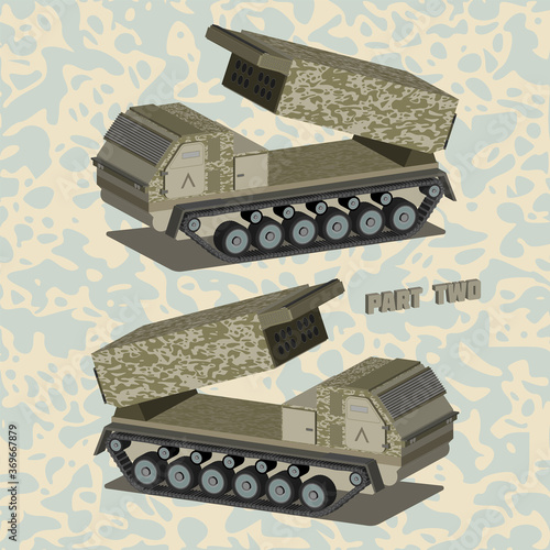 3D isometric military multiple launch rocket system with a raised warblock in two projections. Part two