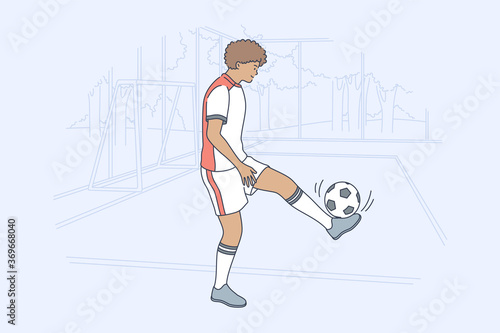 Sport, training, game, football, activity concept. Young happy smiling african american boy child kid soccer player kicking ball on field. Active summer recreation or lifestyle and hobby illustration.
