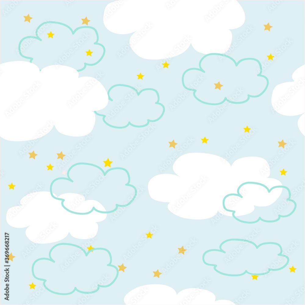 seamless pattern with clouds and stars, vector blue background
