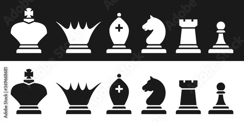Magnetic chess. Black and white chess pieces silhouettes. Vector illustration