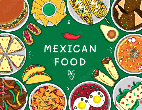 Illustration vector isolated Mexican food top view on table line doodle style of Mole tacos burrito nachos fajitas tortilla salsa sauce as Mexico restaurant menu concept