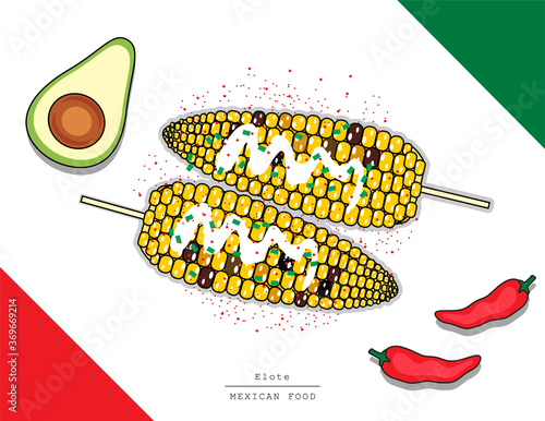 Illustration vector isolated Mexican food top view on table line doodle style of Elote or spicy grilled corn barbecue as Mexico restaurant menu concept