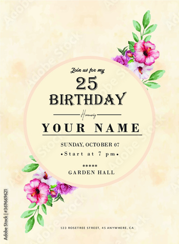 Birthday invitation card with flowers.