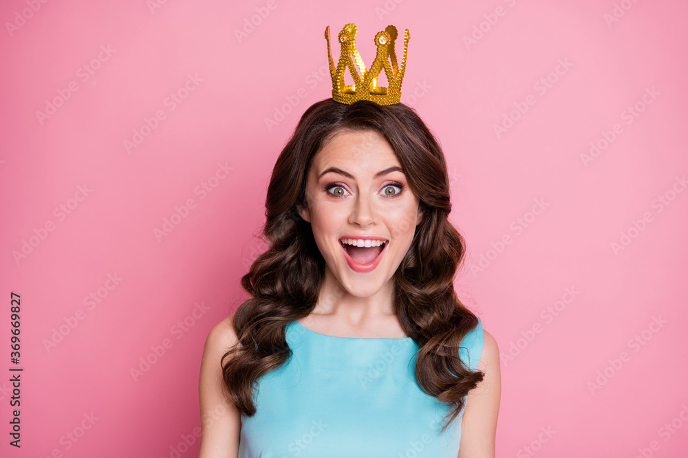 Photo of charming shocked lady festive event prom party recognized as prom queen golden crown unexpected nomination status wear blue teal dress isolated pink color background Photo of charming shocked lady festive event prom party recognized as prom queen golden crown unexpected nomination status wear blue teal dress isolated pink color background