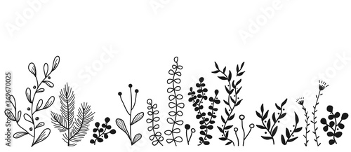 Vector floral border with doodle forest and meadow plants. Hand drawn abstract background for frames, posters, textile
