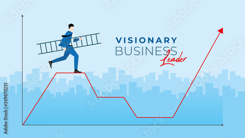Business concept. Businessman holds the ladder and runs to confront the economic crisis. 