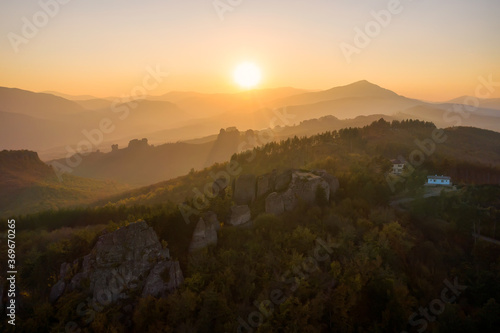 Amazing aerial autumn view of a mountain peaks at sunset , Balkan Mountains, Bulgaria