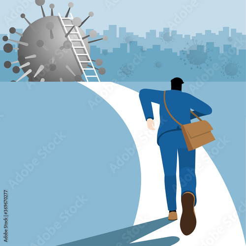 Business concept. Businessman runs to the virus to climb the ladder and across the economic crisis from the pandemic.