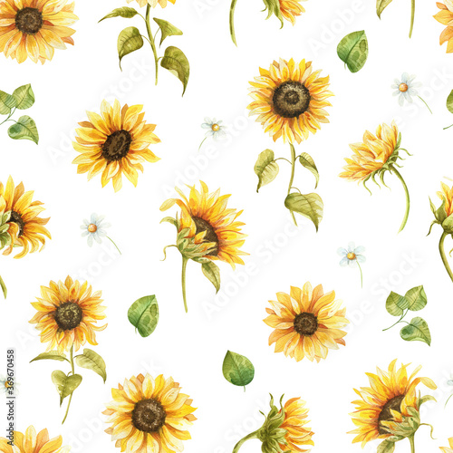 Watercolor sunflowers seamless pattern