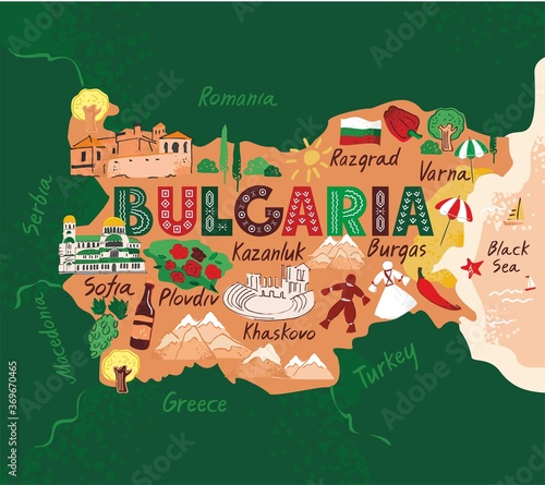 Decorative stylized map of Bulgaria with sights and symbols drawn in a flat style on a green background. Concept banner for travel, tourist guide, comic infographic poster. Cartoon vector illustration