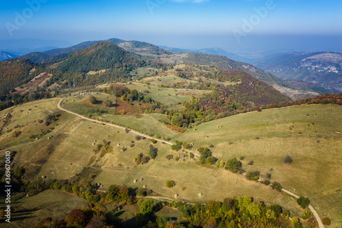 Amazing aerial autumn view of a mountain meadows and forests, Balkan Mountains, Bulgaria