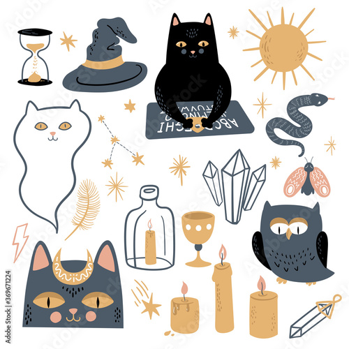 Funny vector magic set. Witchcraft and occultism symbols: black cat, Ouija board, moon, crystals, stars, candles, ghost, owl, snake, moth, sun. Hand drawn illustration, flat and cartoon style.