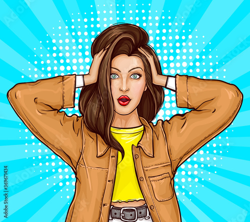 Pop art shocked, surprised girl in jacket with opened mouth and wide open eyes. Young brunette woman touches head with her hands with amazed face. Illustration for sale discount promo advertising.